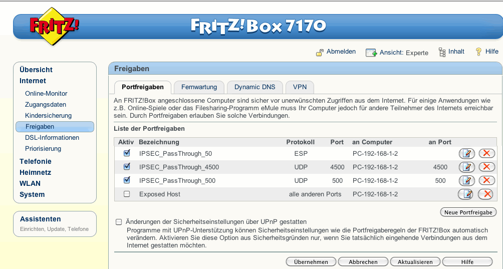 fritz box vpn pptp ports